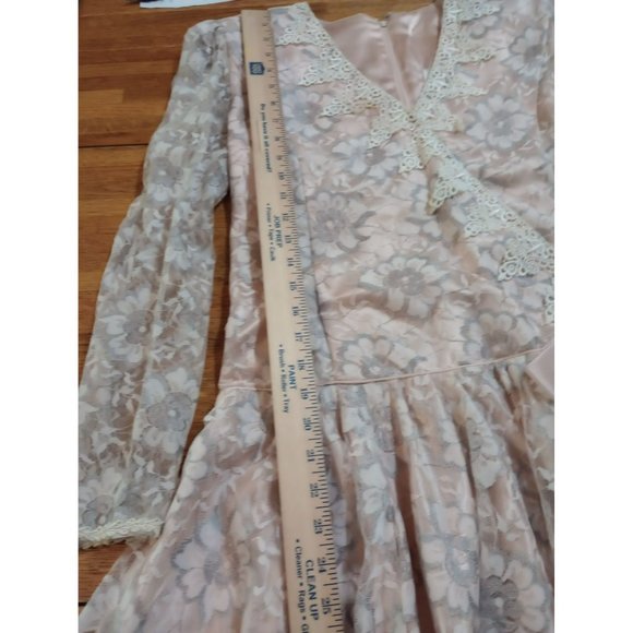 Vintage floral lace MIDI peach formal Denise wedding dress women's 12 - Picture 14 of 16